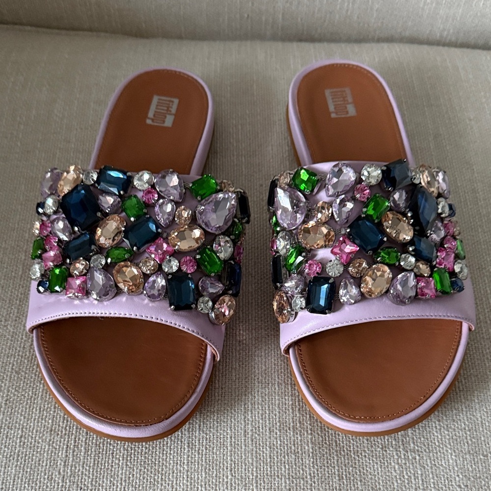 Fitflop Gracie Lilac Gemstone Rhinestome Multicolor Embellished Slide Sandals